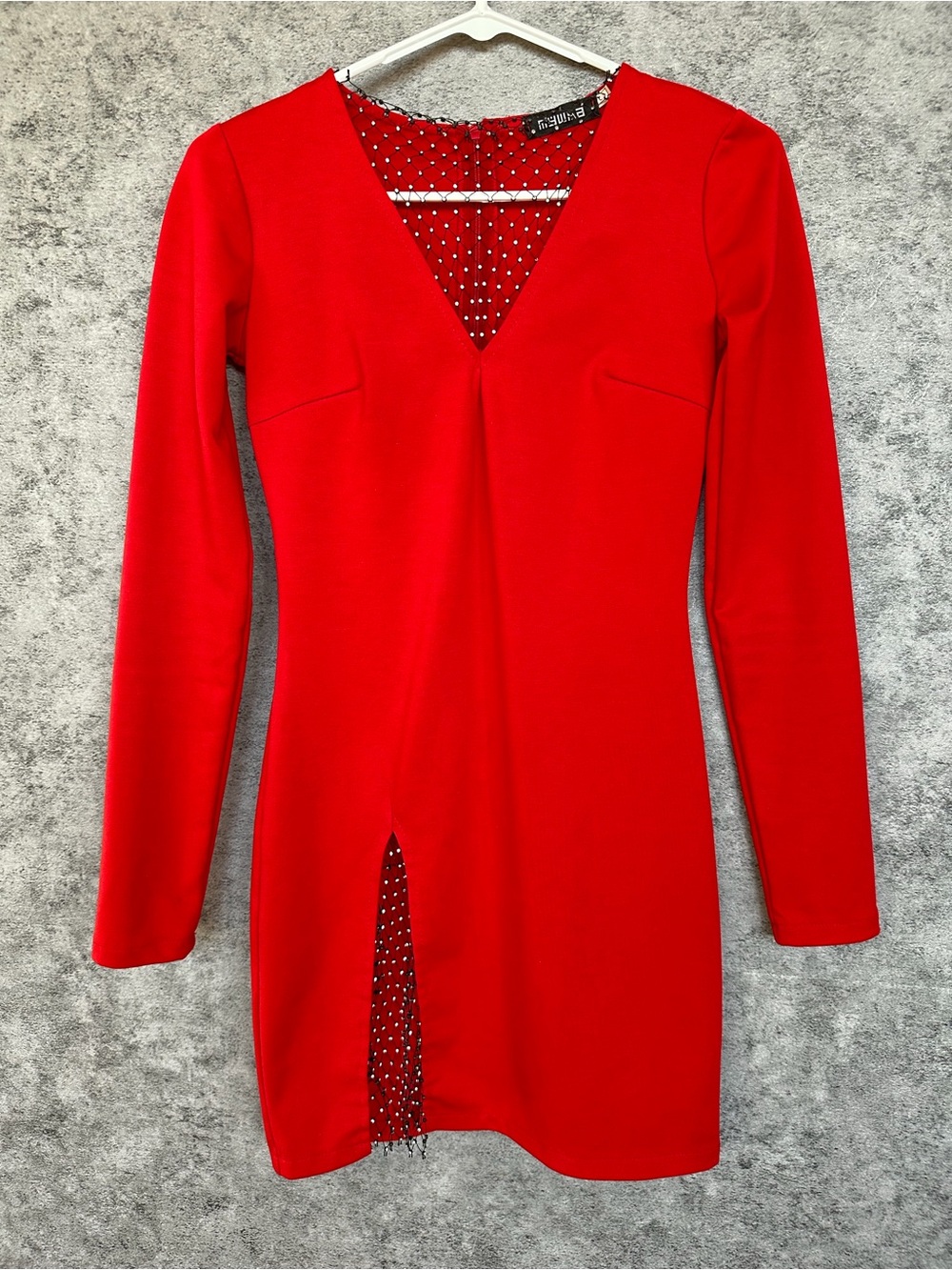 Red Bodycon Mini Dress with Rhinestone Mesh Details Size S